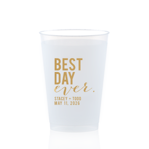 Raise a toast with the Best Day Ever Block Names Frosted Cup, where celebration is in every sip. It boldly declares "BEST DAY" in large, all-caps block letters, dramatically over "ever," in playful script. This emphatic statement is underscored by the couple's names and event date, making every drink a festive cheer.