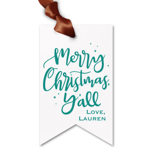 ForYourParty's chic Stardream Rose Gold Luggage Gift Tag with Matte Ivory Foil has a Merry Christmas Y'All graphic and is good for use in Christmas and Holiday themed parties and gift giving and can be personalized to match your exact theme and tempo.