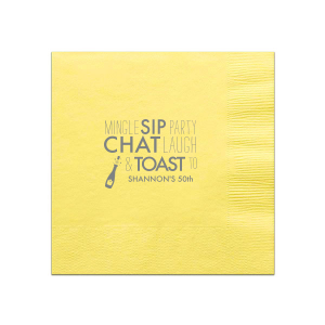 Celebrate every moment with the Mingle, Sip, Party, Toast To Napkin, a dynamic design where bold words leap off the fabric, complemented by an exuberant champagne bottle illustration. This napkin promises a whirlwind of laughter, conversation, and clinking glasses at any festive gathering.
