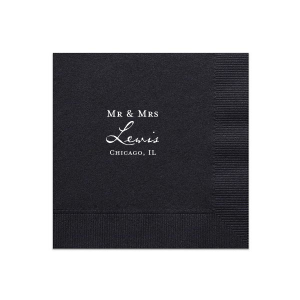 The Handwritten Mr & Mrs Napkin design elegantly combines tradition and sophistication. "Mr. & Mrs." are showcased in bold, all caps block lettering, complemented by the couple's last name in grand, formal script. The design is completed with the city and state, adding a personalized, distinguished touch.
