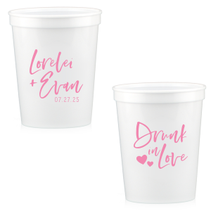 Our custom White 16 oz Stadium Cup with Matte Light Coral Ink has a Hearts 2 graphic and is good for use in Wedding, Hearts themed parties and can be personalized to match your party's exact theme and tempo.