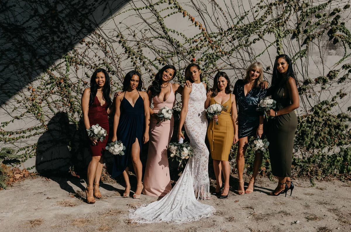 mix matched wedding party attire is a lovely way to add color to your wedding day