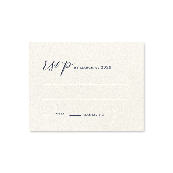 Personalized Lettra Pearl White 110lb Letterpress RSVP Card with Navy Ink Letterpress Inks can be personalized to match your party's exact theme and tempo.