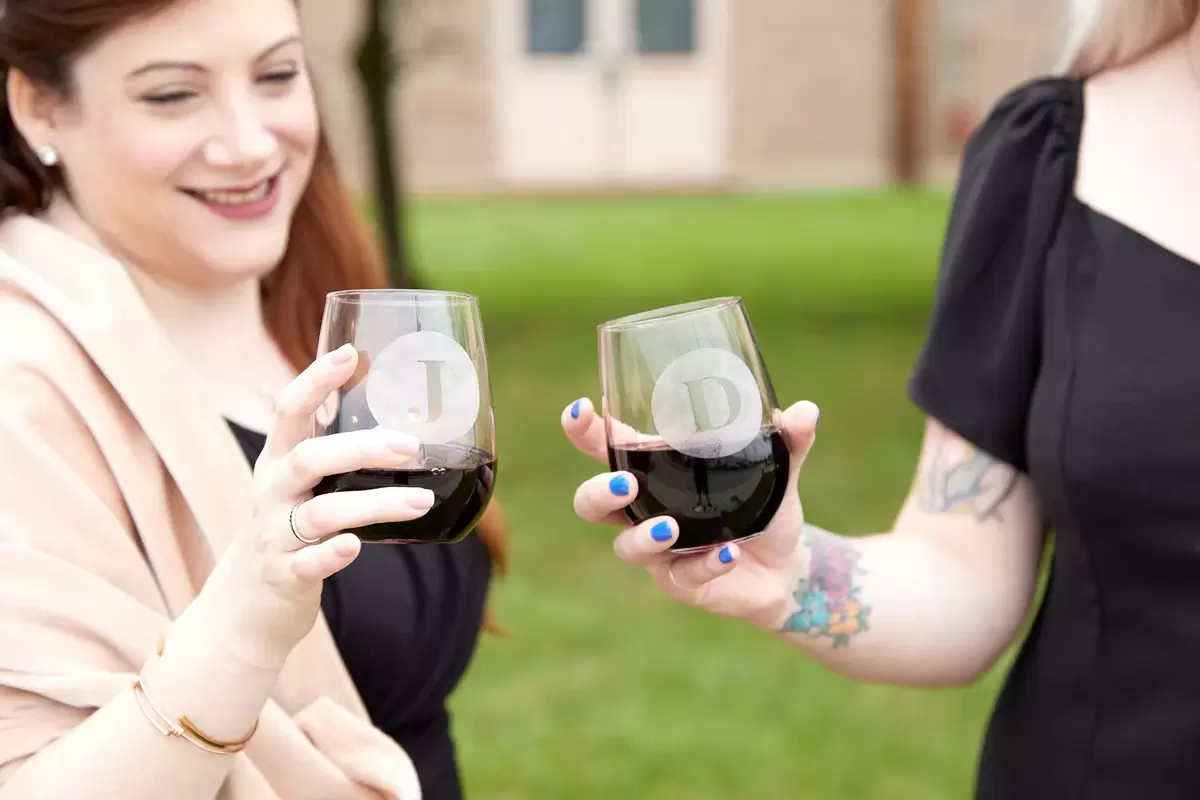 personalized wine glasses from For Your Party are a great place setting option for intimate gatherings