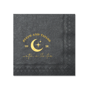 Set a celestial stage for your nuptials with the Celestial Matrimony Napkin, displaying the couple's names arched above a moon and stars, framed by the wedding date, and finished with the romantic phrase "Written in the Stars." A heavenly touch for your star-crossed celebration.