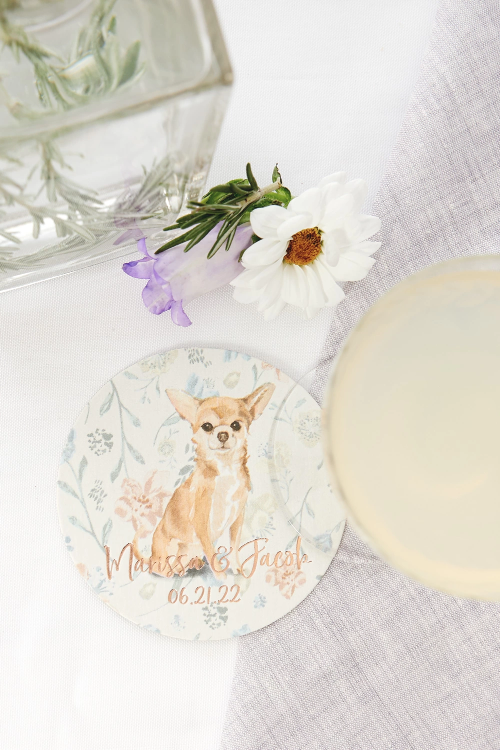 Create full-color custom coasters of your dog for your wedding bar