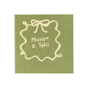 Frame your celebration with the Bows and Vows Frame Napkin, featuring the couple's names encased in an elegant bow and ribbon frame. A beautiful addition to any wedding, engagement party, or anniversary gathering.