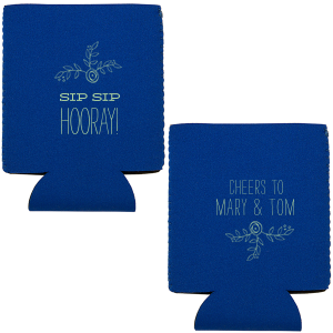 Toast to love with the Floral Sip Sip Hooray Can Cooler. An elegant bough and flower frame the jubilant "Sip Sip Hooray!" while the reverse side cheers to the happy couple. This design beautifully blends celebration with floral elegance, perfect for newlyweds.