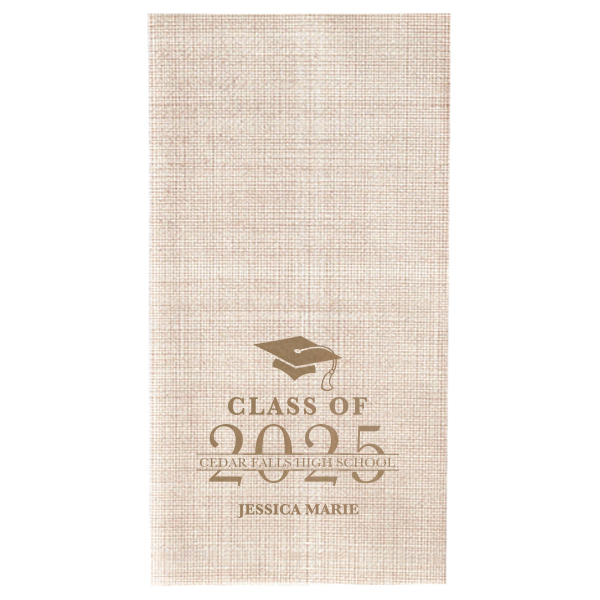 Celebrate graduation in style with the Graduation School Name Banner Napkin! It’s a vibrant celebration on a napkin, boasting a flying graduation cap, the class year in big, bold letters, and the school's name on a striking banner. The graduate's name, proudly displayed below, completes this festive keepsake.