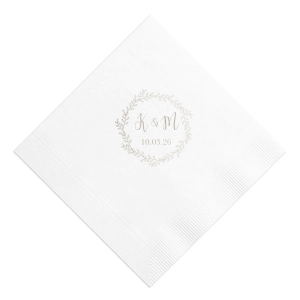 Encapsulate matrimonial elegance with the Simple Wreath Wedding Napkin, where a delicate leaf wreath tenderly encircles the couple's initials and special date. This design exudes a quiet grace, perfect for complementing the refined ambiance of your wedding day.