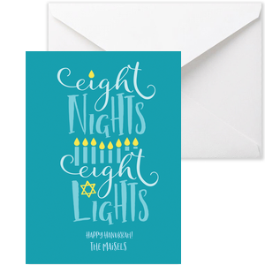 Celebrate Eight Nights with Eight Lights with our custom Hanukkah card. Personalize this holiday card with your family name. 
