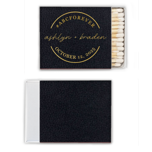 The Eternal Union Matchbox is a chic emblem of unity. Atop, a bold arc features a unifying hashtag blending initials and ‘Forever’, capturing love’s permanence. Centered in the badge, a flowy, lowercase script names the couple, while the arc below seals the design with the event date. This matchbox symbolizes a timeless journey, embracing modern traditions with a hashtag’s playful twist.