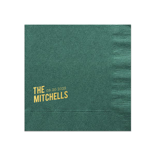 This minimal napkin is perfect for a wedding or entertaining at home. Include your family event and date. 
