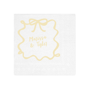 Frame your celebration with the Bows and Vows Frame Napkin, featuring the couple's names encased in an elegant bow and ribbon frame. A beautiful addition to any wedding, engagement party, or anniversary gathering.