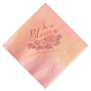 Custom Mimosa/Yellow Cocktail Napkin with Shiny Rose Quartz Foil has a Butterfly Rose Bunch graphic and is good for use in Spring, Easter, Wedding, Bridal Shower and Baby Shower themed parties and can be customized to complement every last detail of your party.
