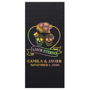 Complete your event with the Amor Eterno Favor. Perfect for weddings, engagements or anniversaries, the floral skull designs in holographic gold foil adds a macabre elegance to your events.