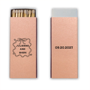 Illuminate your special occasion with the Bows and Vows Frame Matchbook, elegantly presenting the couple's names surrounded by a sophisticated bow and ribbon frame. A stunning keepsake for weddings, engagement parties, or anniversaries.