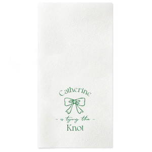 Set a scene of romance and anticipation with the Romantic Bow Bridal Shower Napkin, delicately personalized with the bride's name hovering above a graphic of an elegant bow, followed by "Tying the Knot" in a sleek, modern script. The perfect blend of love and style for her special day.