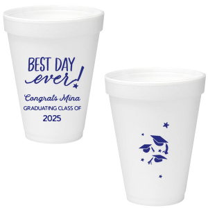 The ever-popular Matte Light Coral Ink 12 oz Styrofoam Cup with Matte Light Coral Ink Cup Ink Colors has a Best Day Ever graphic and a Caps Thrown graphic and is good for use in Graduation themed parties and can be personalized to match your party's exact theme and tempo.