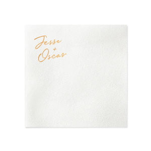 The Hinterland Honeymoon Names Napkin offers a unique twist on traditional placement. Tucked in the upper left corner, the couple's first names are scripted with flair and creativity. This off-center approach, combined with a vibrant font, subtly draws attention, adding a touch of unconventional charm to the napkin's design, perfect for couples who appreciate a blend of elegance and creative expression.