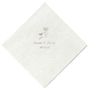 Add a whimsical touch to your wedding celebration with the Toasting Hands Wedding Napkin, showcasing a charming cartoon hand toasting with a glass of wine. Customizable with the couple's names in a sweet script font and the special date in an elegant serif below, this napkin is a perfect blend of fun and sophistication.