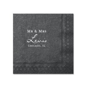 The Handwritten Mr & Mrs Napkin design elegantly combines tradition and sophistication. "Mr. & Mrs." are showcased in bold, all caps block lettering, complemented by the couple's last name in grand, formal script. The design is completed with the city and state, adding a personalized, distinguished touch.