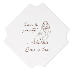 The ever-popular Eggshell Scallop Coaster with Matte NEW Chocolate Foil has a Basset Hound graphic and is good for use in Animals themed parties and can't be beat. Showcase your style in every detail of your party's theme!