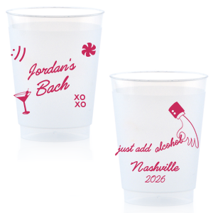 Add a splash of fun to the festivities with the Sassy Spirits Bachelorette Cup, personalized with the bride-to-be's name in script, and adorned with playful symbols like "XOXO," a martini glass, and a smiley face. The flip side's "Just add alcohol" mantra and hand line drawing, customizable with your party's location and date, promise a night of merriment and memories.