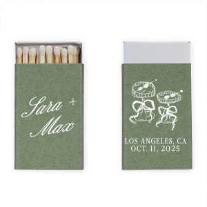 The Wedding Glass & Bow Matchbox is the stylish and trendy design for your next big party event. Featuring hand-drawn bows tied around champagne glasses alongside customizable text in the foil stamp and paper color of your choice to best pair with your party's vibe.