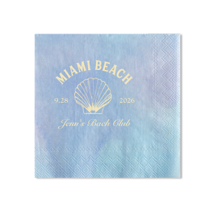 Dive into the festivities with the Bachelorette Beach Party Seashell Soiree Napkin, featuring the bachelorette's name in a timeless script, her party's coastal location, and date, elegantly accented with a chic sea shell graphic. The perfect accompaniment to "The Last Splash" celebration by the shore.
