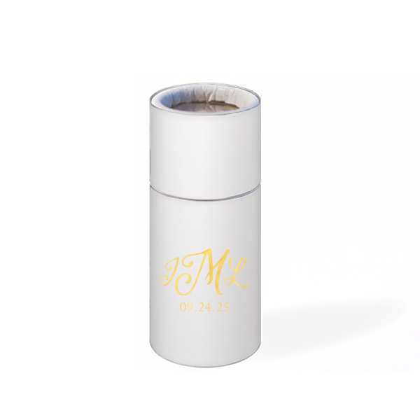 ForYourParty's personalized Natural Frost White Barrel Matchbox with Shiny 18 Kt Gold Foil will give your party the personalized touch every host desires.