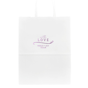 Gift with heart using the Whimsical With Love Bag, where 'with' dances in playful script above a bold 'LOVE.' A delicate flourish adds grace, and the couple's names with the event date bring a personal touch to this charming token of affection.