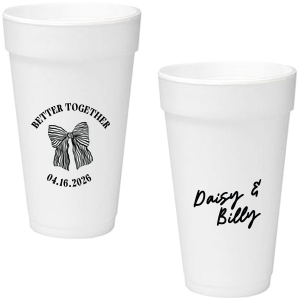 Celebrate the perfect pairing with the Better Together Bow Wedding Cup, featuring the couple's names in a romantic script and the wedding date, complemented by "Better Together" alongside a charming bow illustration. A sweet toast to unity and love on your big day.