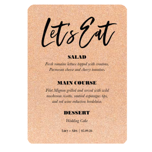 Our beautiful custom Glitter Rose Copper Circle Menu with Matte Black Foil are a must-have for your next event—whatever the celebration!