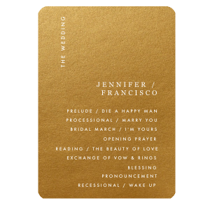 Our personalized Stardream Old Gold 4x8 Program with Matte White Foil are a must-have for your next event—whatever the celebration!