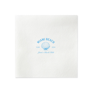 Dive into the festivities with the Bachelorette Beach Party Seashell Soiree Napkin, featuring the bachelorette's name in a timeless script, her party's coastal location, and date, elegantly accented with a chic sea shell graphic. The perfect accompaniment to "The Last Splash" celebration by the shore.