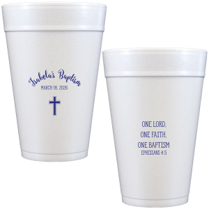 ForYourParty's personalized Matte Periwinkle Ink 16 oz Styrofoam Cup with Matte Periwinkle Ink Cup Ink Colors has a Cross graphic and is good for use in Christian Symbols themed parties and will impress guests like no other. Make this party unforgettable.