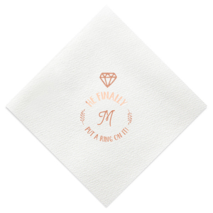 ForYourParty's personalized White Cocktail Napkin with Shiny Rose Gold Foil has a Diamond graphic and is good for use in Wedding, Bridal Shower themed parties and can be personalized to match your party's exact theme and tempo.