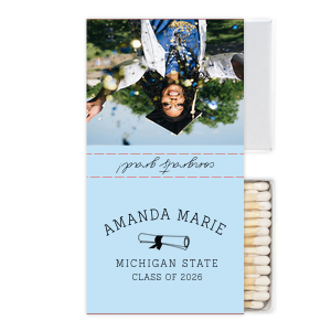 ForYourParty's chic White Classic Custom Photo Matchbox with Matte Sky Blue Ink Digital Print Colors and Matte Black Ink Digital Print Colors has a Graduation Scroll graphic and is good for use in Graduation themed parties and will make your guests swoon. Personalize your party's theme today.