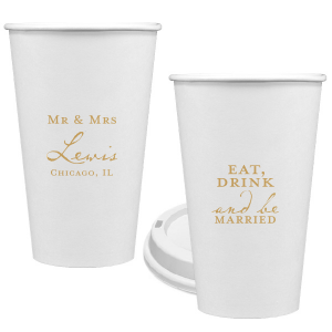 Our personalized Gold Ink 12 oz Paper Coffee Cups with Lid with Gold Ink Cup Ink Colors will impress guests like no other. Make this party unforgettable.