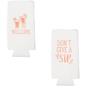 ForYourParty's personalized Coral Flat Can Cooler with Matte White Ink Cup Ink Colors has a Drinks graphic and will look fabulous with your unique touch. Your guests will agree!