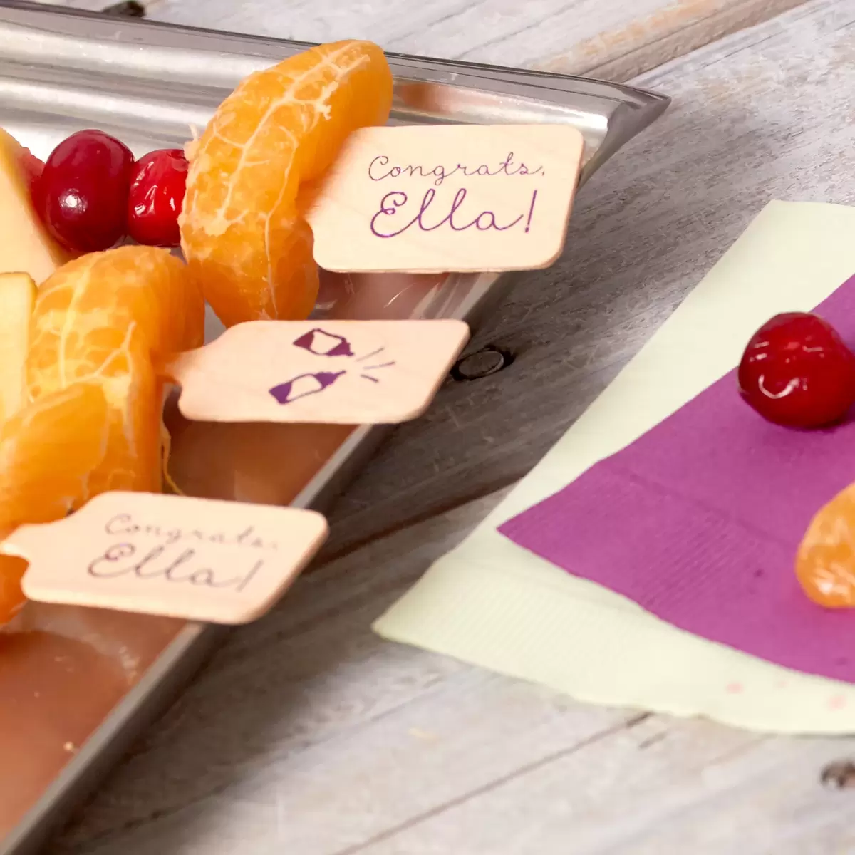 personalized stir sticks used for fruit kebobs