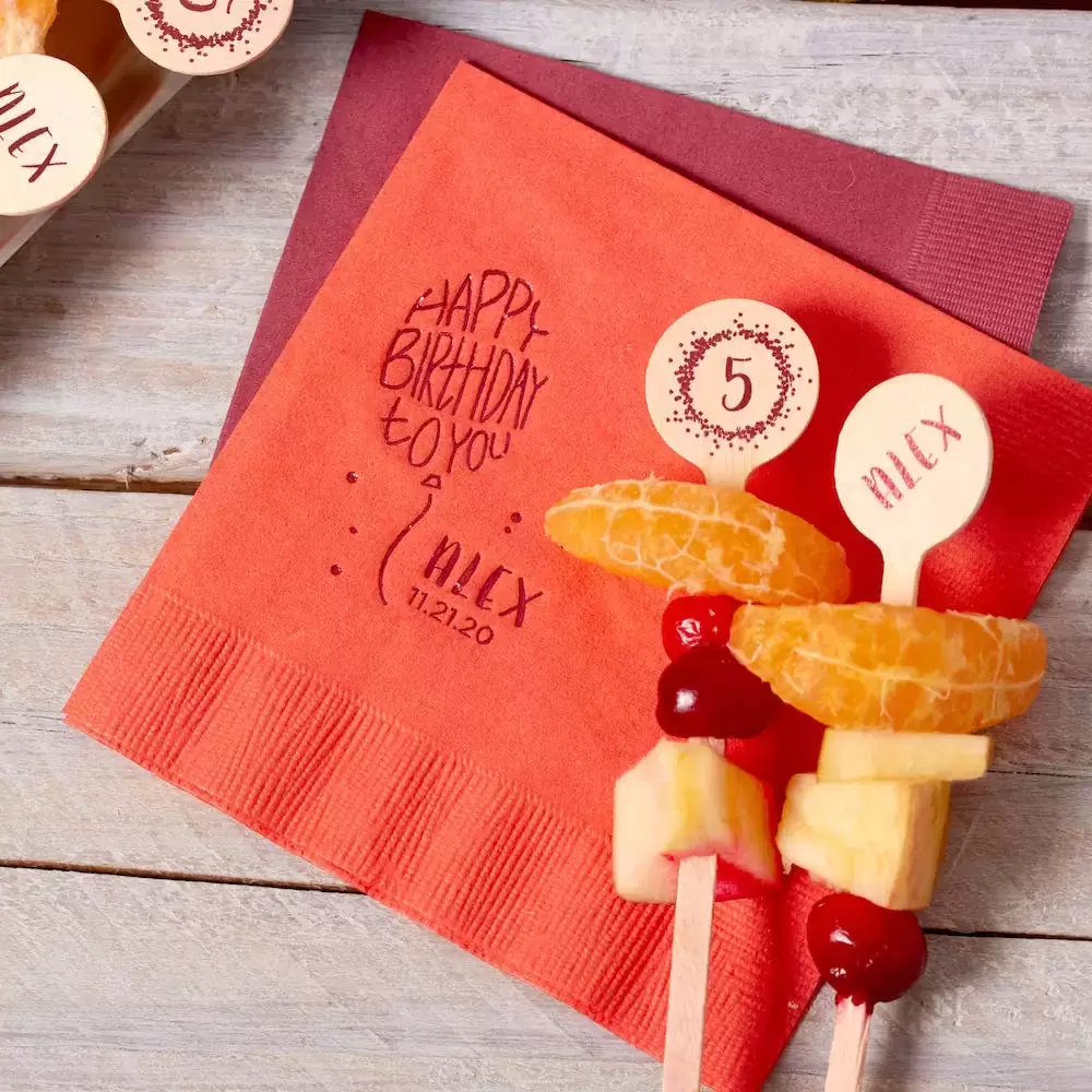 personalized napkins and custom food kebobs