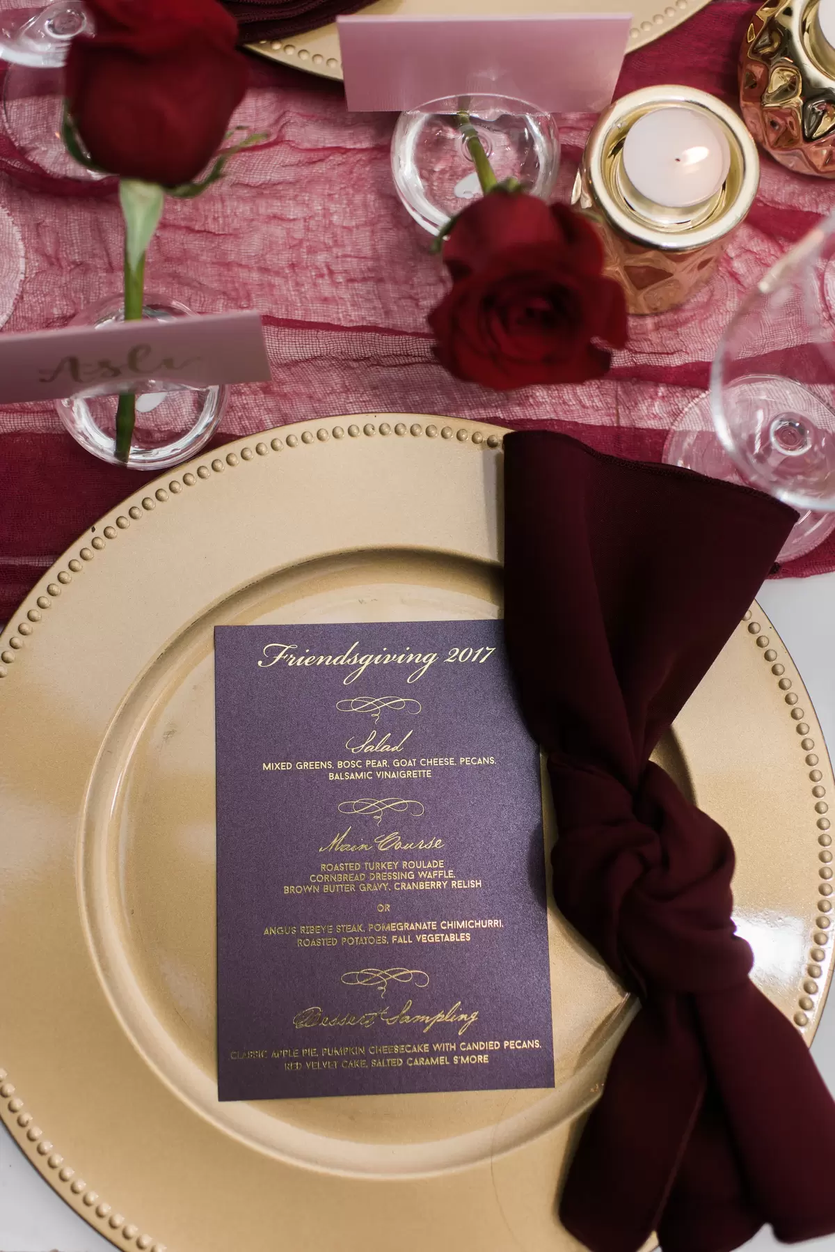 maroon dinner dinner with gold charger