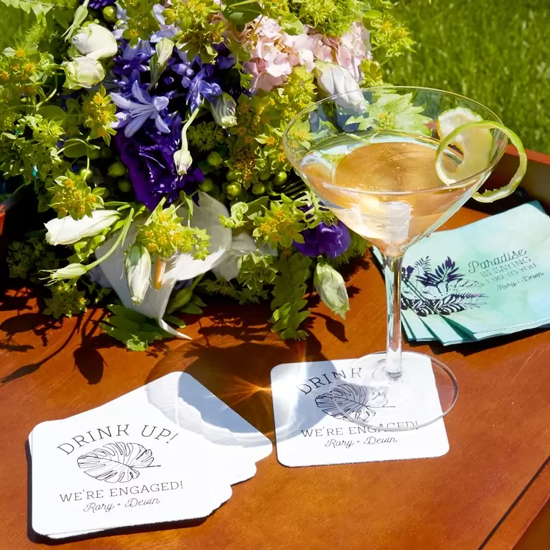 personalized cocktail napkins for tropical themed engagement parties