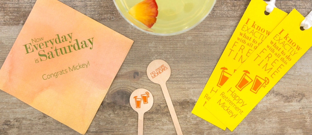 retirement party supplies with custom napkins and party favors