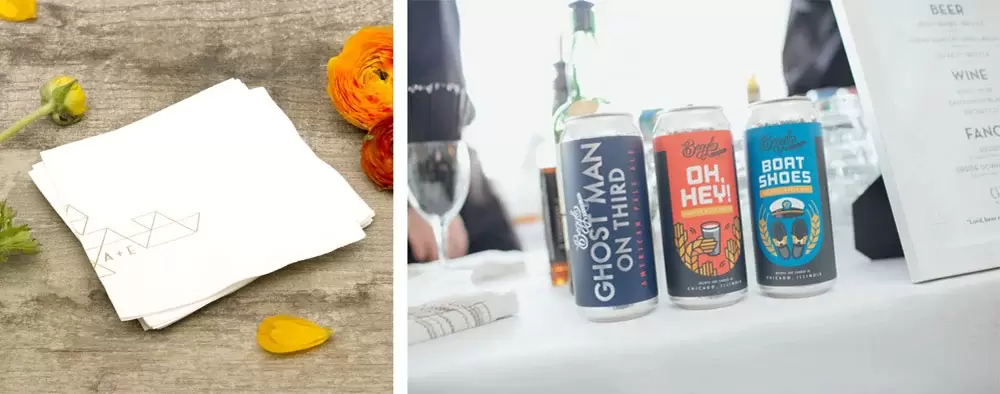 personalized wedding cocktail napkins on the wedding reception bar