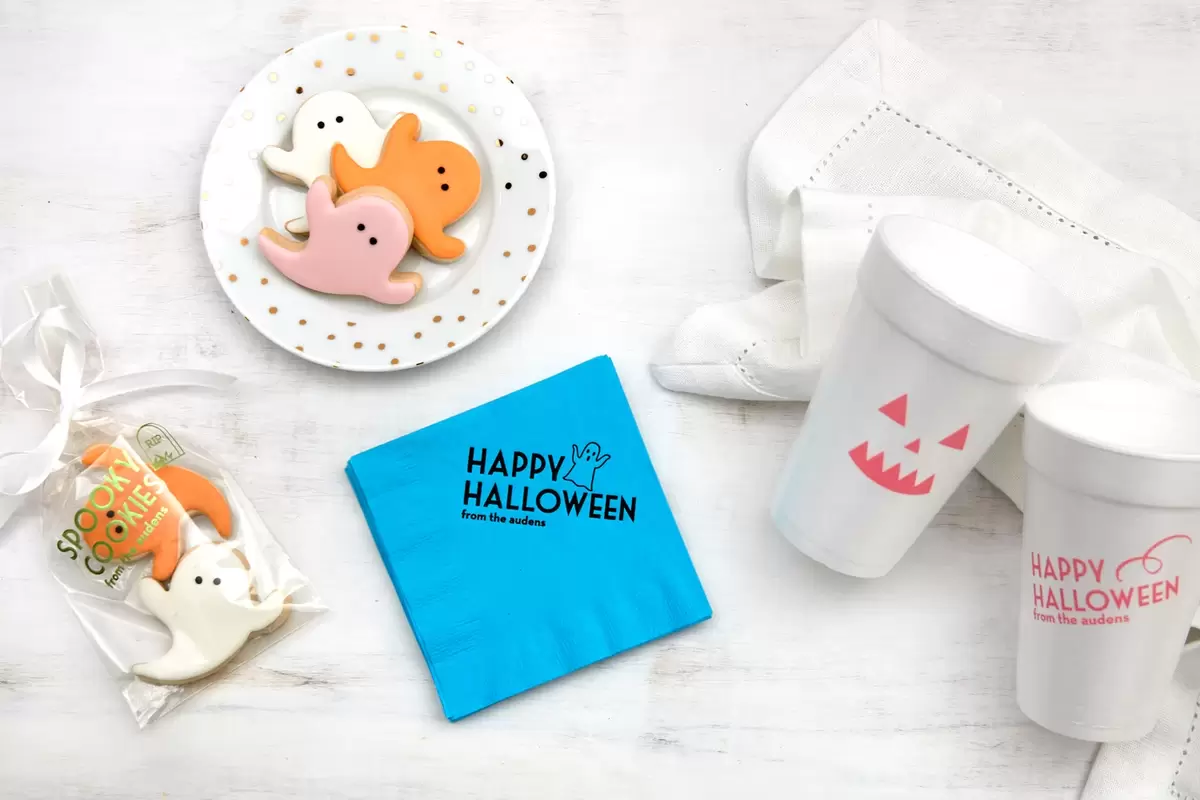 personalized halloween cocktail napkins and foam cups