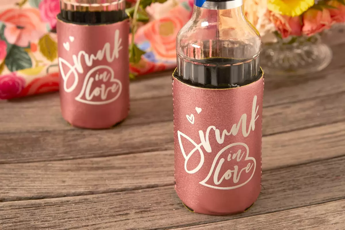 metallic custom wedding koozie 