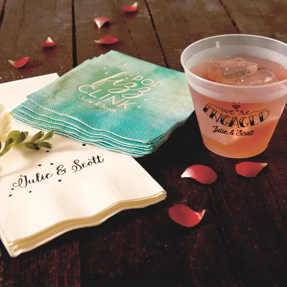 moody color palette guest towels, watercolor cocktail napkins and frosted cups